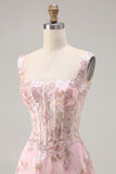 Rosa korsett paljett A-linje blommig lång balklänning med broderi