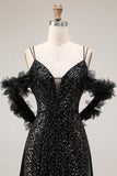 Glittrande paljetter svart kallaxel Mermadid lång balklänning med slits