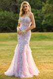Lila sjöjungfru axelbandslös spetskorsettklänning med lång balklänning med 3D-blommor