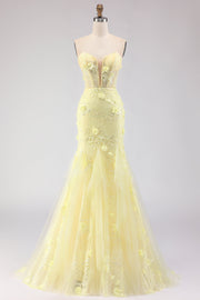 Axelbandslös Gul Havsjungfru Spets Korsett Lång Balklänning med Pärlbroderi