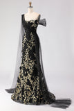Svart sjöjungfru Enaxlad 3D blompaljetter Lång balklänning med serpentinen