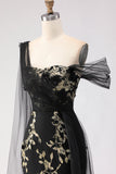 Svart sjöjungfru Enaxlad 3D blompaljetter Lång balklänning med serpentinen