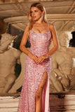 Glittriga rosa paljetter sjöjungfru snörning bakre lång balklänning med slits