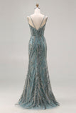 Glittrande grågrön sjöjungfruprydd paljettklänning med lång balklänning