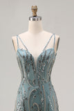 Glittrande grågrön sjöjungfruprydd paljettklänning med lång balklänning