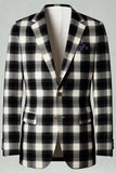 Svart Vit Rutnät 2 Delad Notched Kavajslag Enkelknäppt Mäns Baldräkter