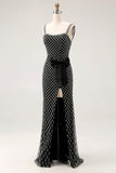 Svart pärlstav Sjöjungfru Spaghetti Straps Strass Sida Rosett Lång Bal Klänning Med Slits