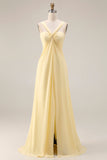 Lemon Sorbet A Line Chiffon Convertible Long Brideshire Tärnklänning med slits