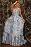 Ljusblå A-linje Off The Shoulder Jacquard Brocade Convertible Long Balklänning