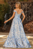 Ljusblå A-linje Off The Shoulder Jacquard Brocade Convertible Long Balklänning