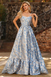 Ljusblå A-linje Off The Shoulder Jacquard Brocade Convertible Long Balklänning