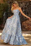 Ljusblå A-linje Off The Shoulder Jacquard Brocade Convertible Long Balklänning
