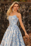Ljusblå A-linje Off The Shoulder Jacquard Brocade Convertible Long Balklänning