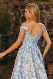 Ljusblå A-linje Off The Shoulder Jacquard Brocade Convertible Long Balklänning