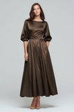 Coffee Boat Neck Satin Midi Formal Klänning