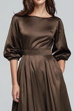 Coffee Boat Neck Satin Midi Formal Klänning
