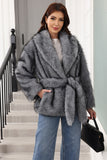 Kaffe Faux Fur Shawl Lapel Damjacka med bälte