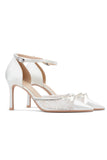 Elfenbensstrass, spetsiga stilett, högklackade sandaler, bröllopsskor med rosett
