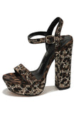 Öppna kaffe Leopardmönstrade Chunky Bal High Heels Pumps med strassstenar