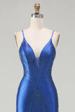 Kungligt blå sjöjungfruprydd satinklänning med lång balklänning med slits