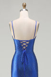 Kungligt blå sjöjungfruprydd satinklänning med lång balklänning med slits