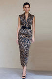 Brun leopard bodycon-mönstrad satin midi-arbetsklänning med bälte