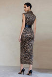 Brun leopard bodycon-mönstrad satin midi-arbetsklänning med bälte