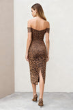 Brun leopard axellös bodycon midi-arbetsklänning med bakre slits