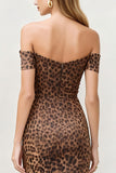 Brun leopard axellös bodycon midi-arbetsklänning med bakre slits