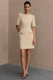 Elfenbensfärgad satin rundhalsad bodycon kort arbetsklänning med fickor