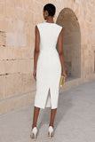 Elfenbenssatin rundhalsad bodycon dubbelknäppt midi-arbetsklänning