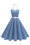 Halter Polka Spots Royal Blue A-linje 1950-talsklänning