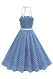 Halter Polka Spots Royal Blue A-linje 1950-talsklänning