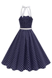 Halter Polka Spots Royal Blue A-linje 1950-talsklänning