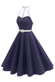 Halter Polka Spots Royal Blue A-linje 1950-talsklänning