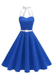 Halter Polka Spots Royal Blue A-linje 1950-talsklänning