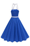 Halter Polka Spots Royal Blue A-linje 1950-talsklänning