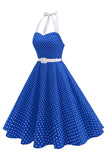 Halter Polka Spots Royal Blue A-linje 1950-talsklänning