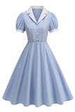 Notched lapel Blue A Line Enkelknäppt 1950-talsklänning