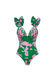 Mörkgrön tvådelad blommig baddräkt med V-ringning och täckning