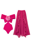Off The Shoulder Fuchsia 2-delad 3D blombaddräkt med strandklänning