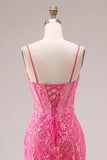 Fuchsia Organza sjöjungfrukorsett Spaghettiband lång balklänning med applikationer