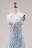 Himmelsblå halter sjöjungfru pärlkorsett Applikique lång balklänning med slits