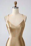 Guld Bodycon Spaghetti Straps Satin Homecoing Klänning med Criss Cross Back