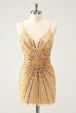 Golden Bodycon Spaghetti Remmar Homecoming Klänning med Paljetter