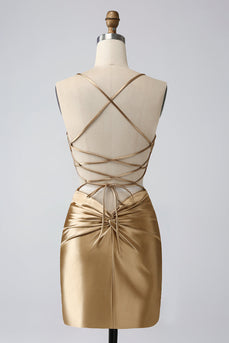 Guld Bodycon Spaghetti Straps Satin Homecoing Klänning med Criss Cross Back