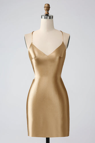 Guld Bodycon Spaghetti Straps Satin Homecoing Klänning med Criss Cross Back