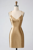 Guld Bodycon Spaghetti Straps Satin Homecoing Klänning med Criss Cross Back