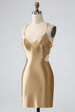 Guld Bodycon Spaghetti Straps Satin Homecoing Klänning med Criss Cross Back
