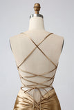 Guld Bodycon Spaghetti Straps Satin Homecoing Klänning med Criss Cross Back